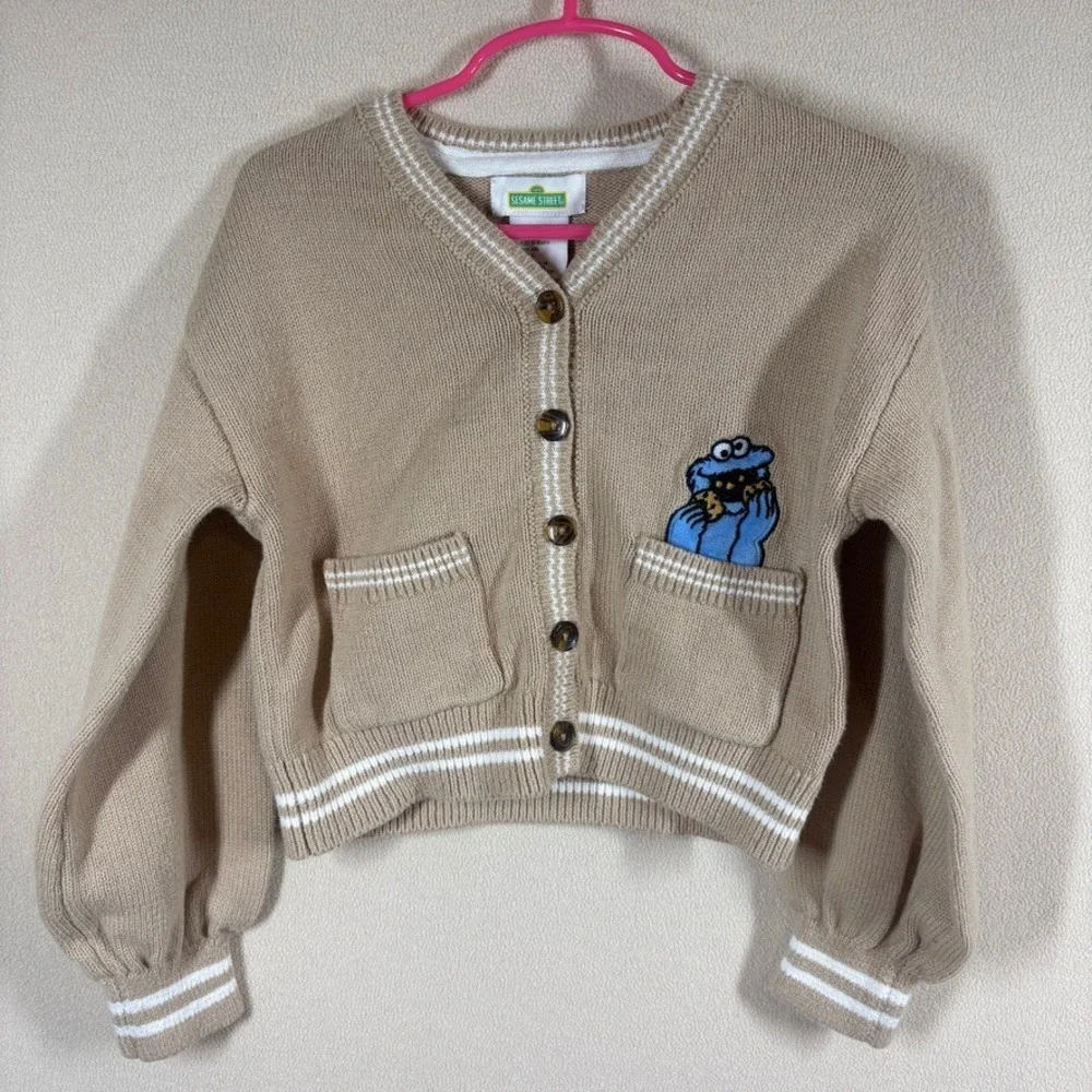 Sesame Street Cookie Monster Kids Button‎ Up Cardigan Sweater Size 5/6 S Tan